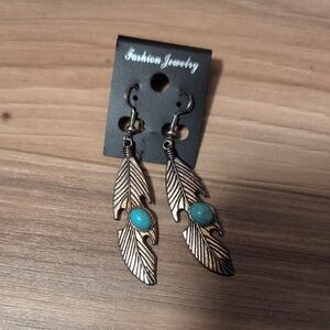 Fashion Jewelry Bronze Feather Earrings with Turquoise Stones